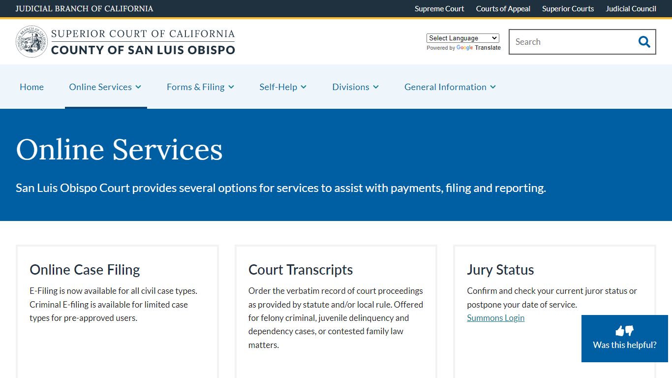 Online Services | Superior Court of California | County of San Luis Obispo