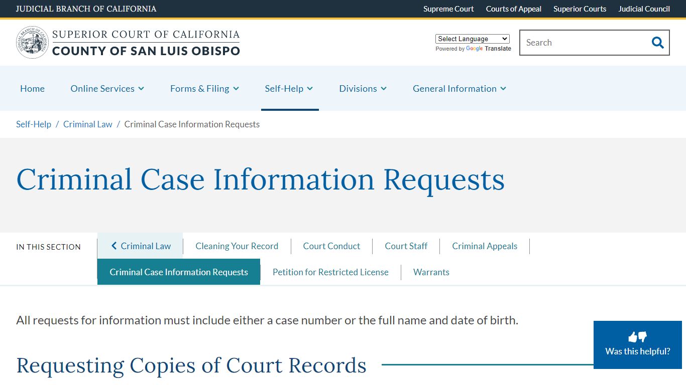 Criminal Case Information Requests - County of San Luis Obispo